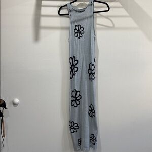 Sleeveless Gray Maxi Dress with Black Floral Design